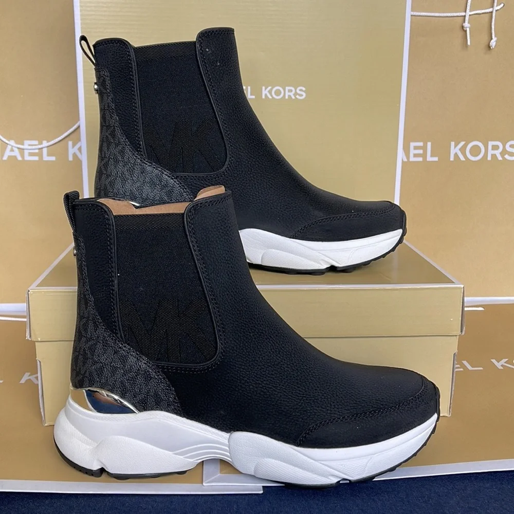Michael Kors Black and White Chelsea-Style Platform Sneaker Booties
